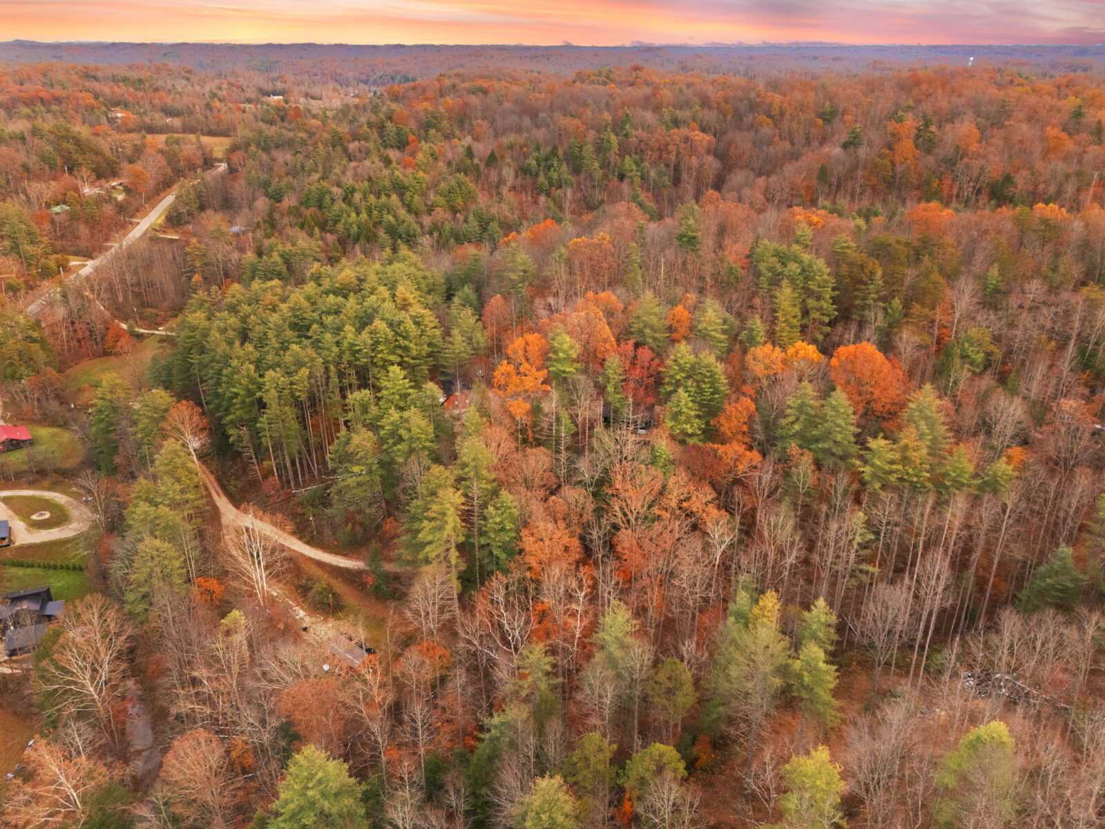 Aerial view of vibrant autumn foliage in the Red River Gorge, Kentucky. Trees display a mix of green, orange, and red hues, showcasing the natural beauty that our cabin building company aims to preserve through sustainable construction.