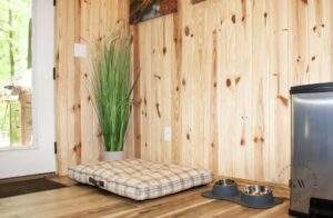 Cozy cabin interior featuring a dog bed, water bowls, and tall decorative grass against a natural wood paneled wall. A comfortable space built by our cabin building company in Kentucky.