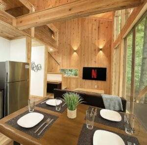 Bright, modern cabin interior featuring a dining table set for four, a stainless steel refrigerator, and a living area with a TV displaying "N." Large windows showcase the surrounding trees. Consider our cabin building company for your custom home.