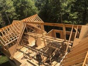Cabin construction in Red River Gorge, Kentucky. Unfinished wood frame of a new cabin with exposed rafters and walls, showcasing the building process. Build your custom cabin with us!
